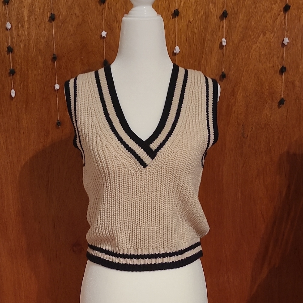 H&M Beige and Black V-Neck Sweater Vest